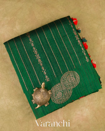 Bottle Green Striped Pure Raw Silk Handloom Saree