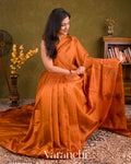 Burnt Saffron Borderless Pure Raw Silk Handloom Saree
