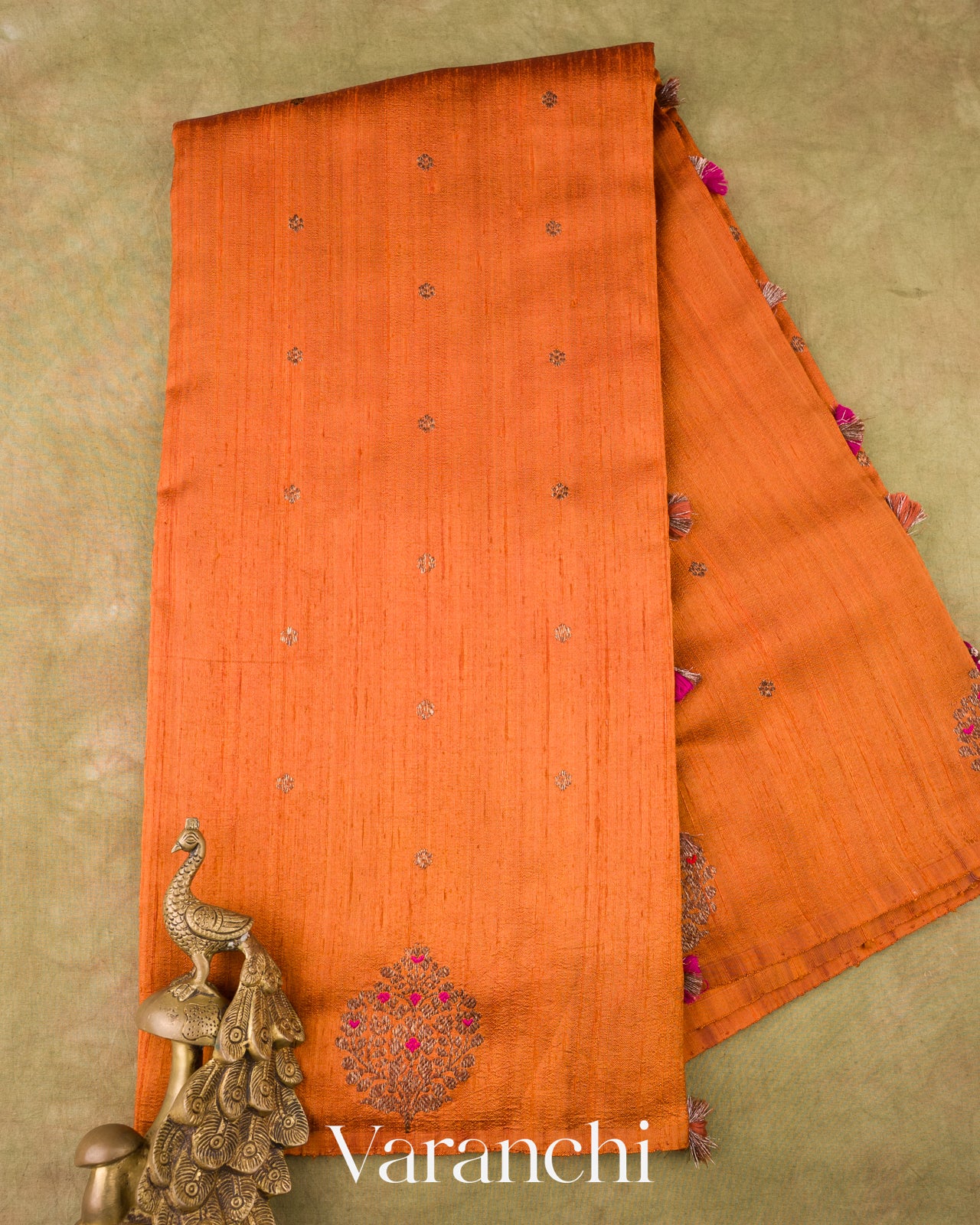 Burnt Saffron Borderless Pure Raw Silk Handloom Saree