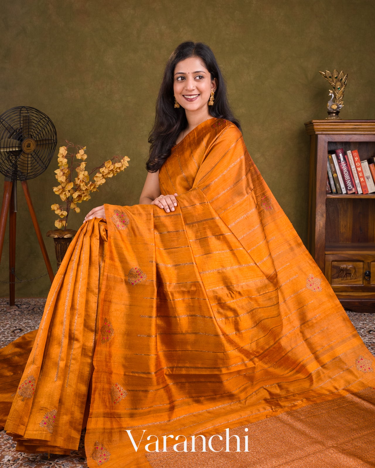 Burnt Saffron Borderless Striped Pure Raw Silk Handloom Saree