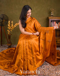 Burnt Saffron Borderless Striped Pure Raw Silk Handloom Saree