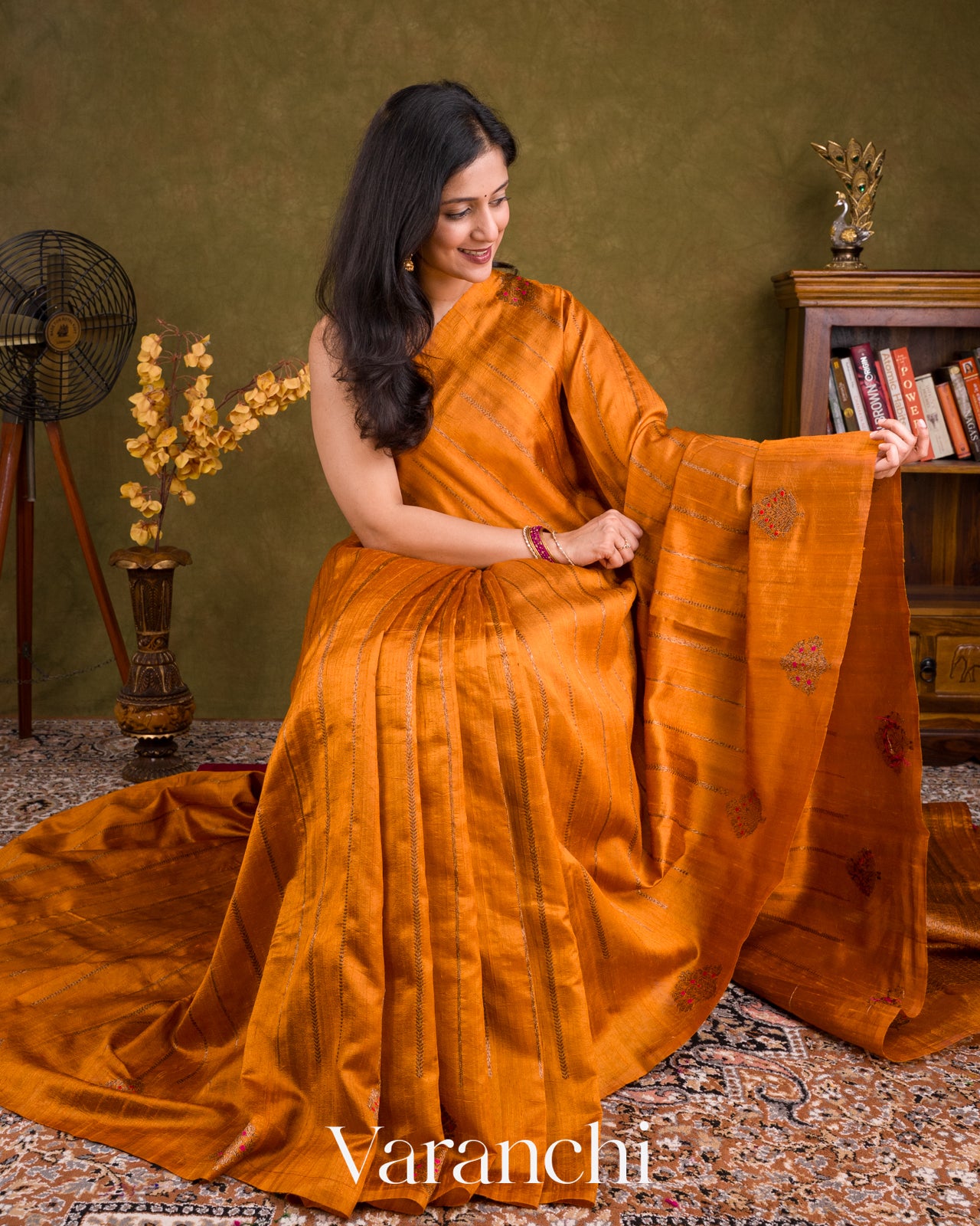 Burnt Saffron Borderless Striped Pure Raw Silk Handloom Saree