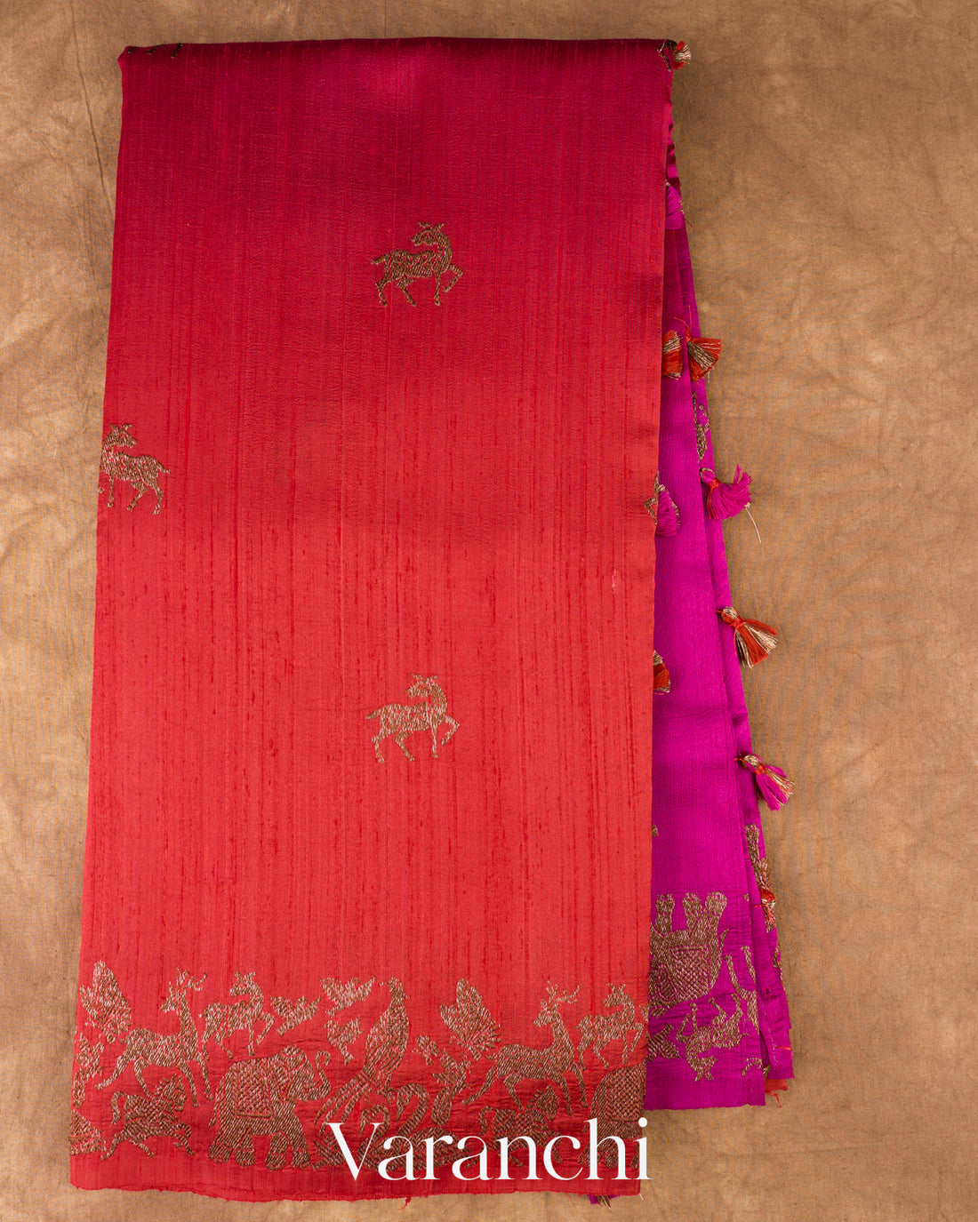 Magenta And Chilli Red Ombre-Dyed Raw Silk Handloom Saree