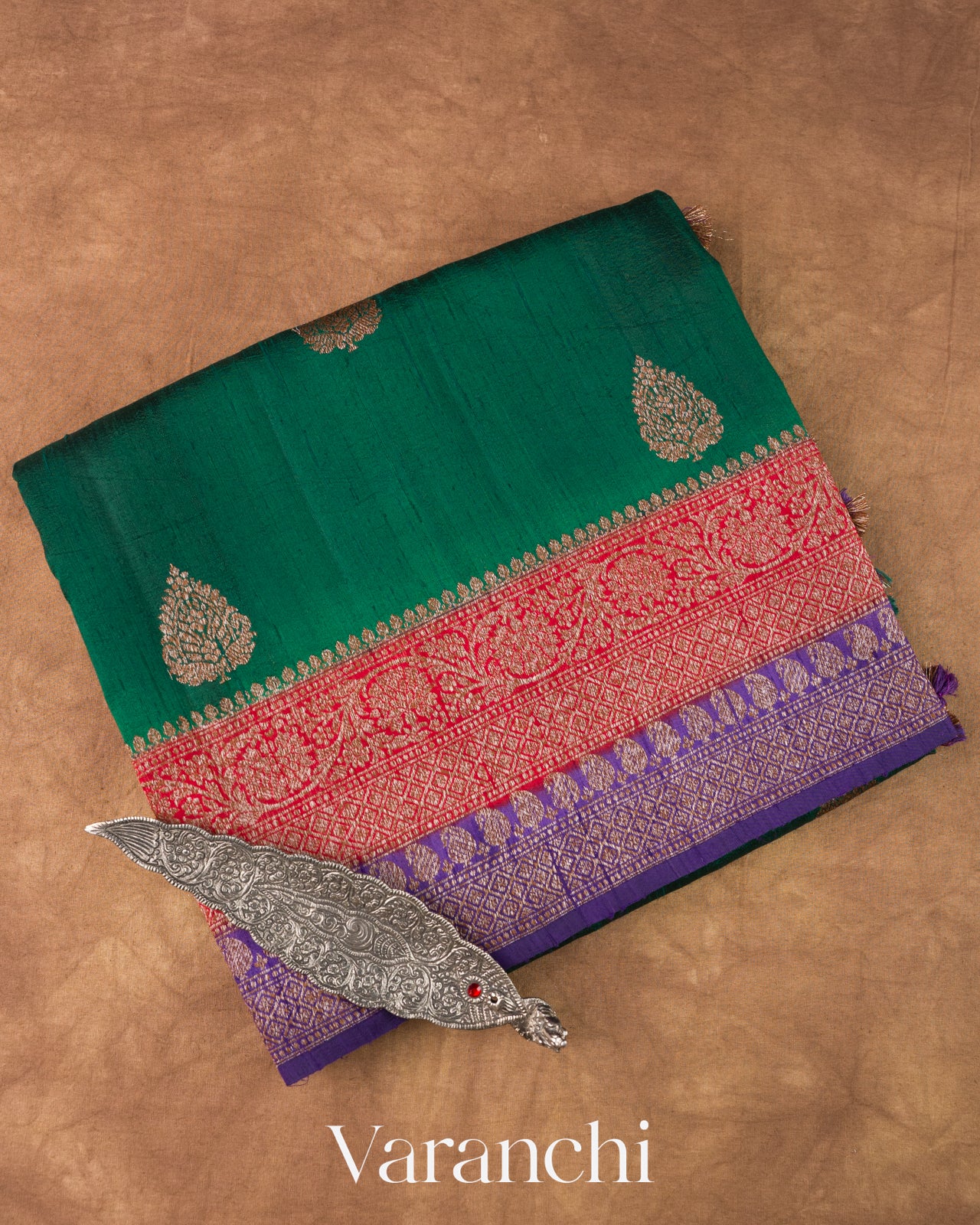 Dark Green Pure Raw Silk Handloom Saree