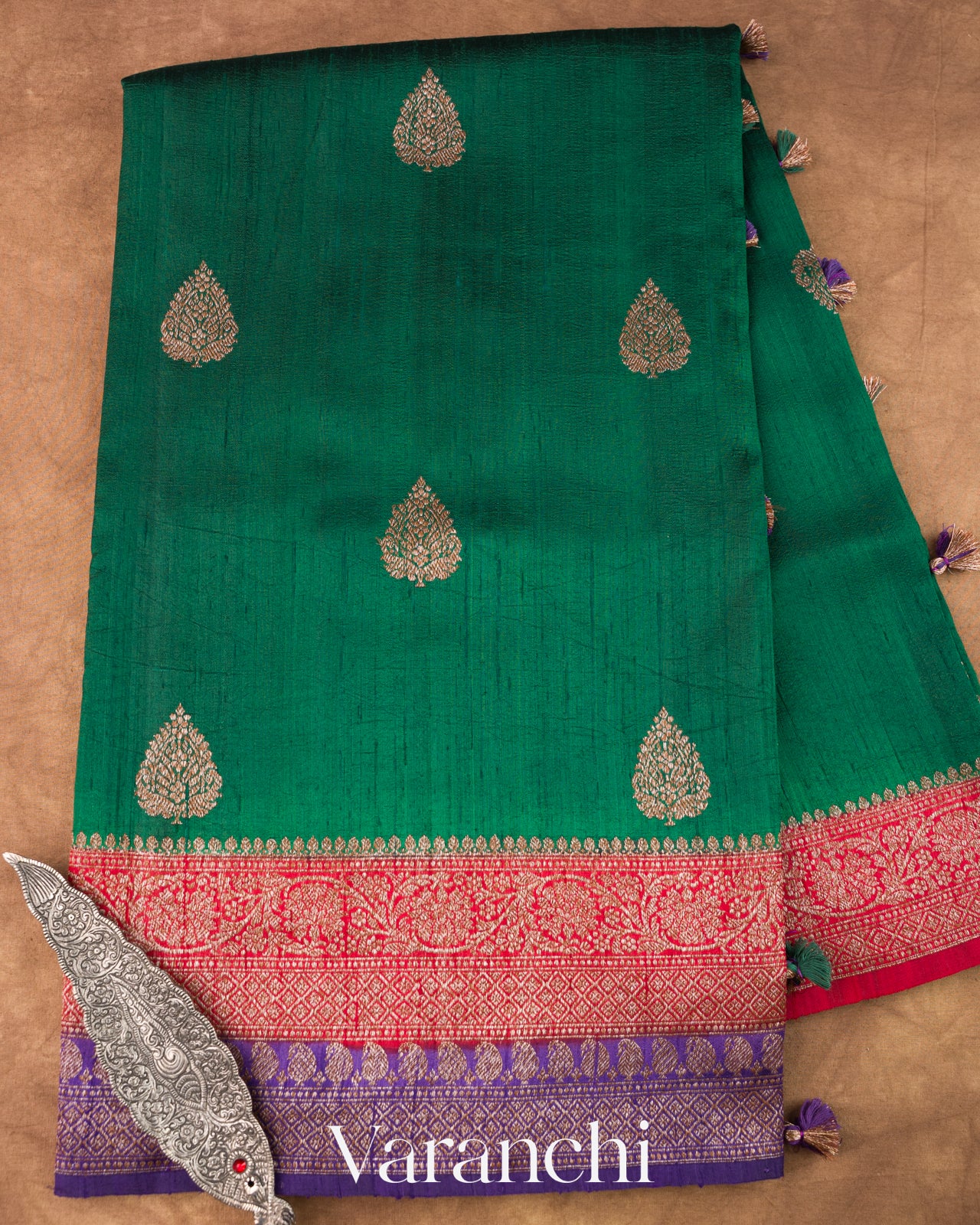 Dark Green Pure Raw Silk Handloom Saree