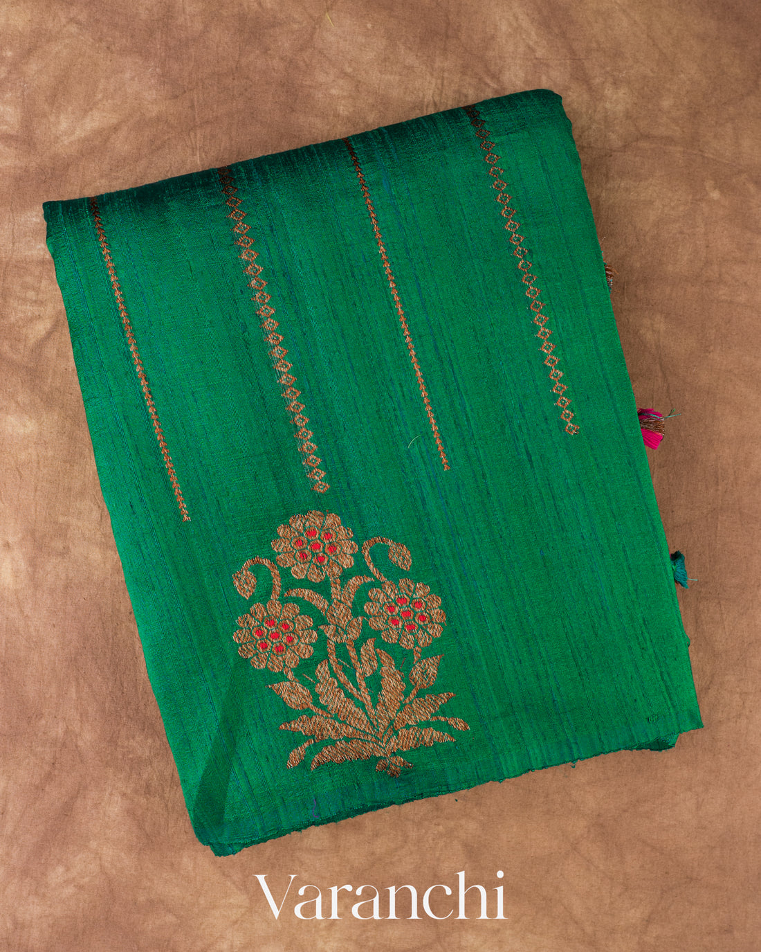Emerald Green Striped Pure Raw Silk Handloom Saree