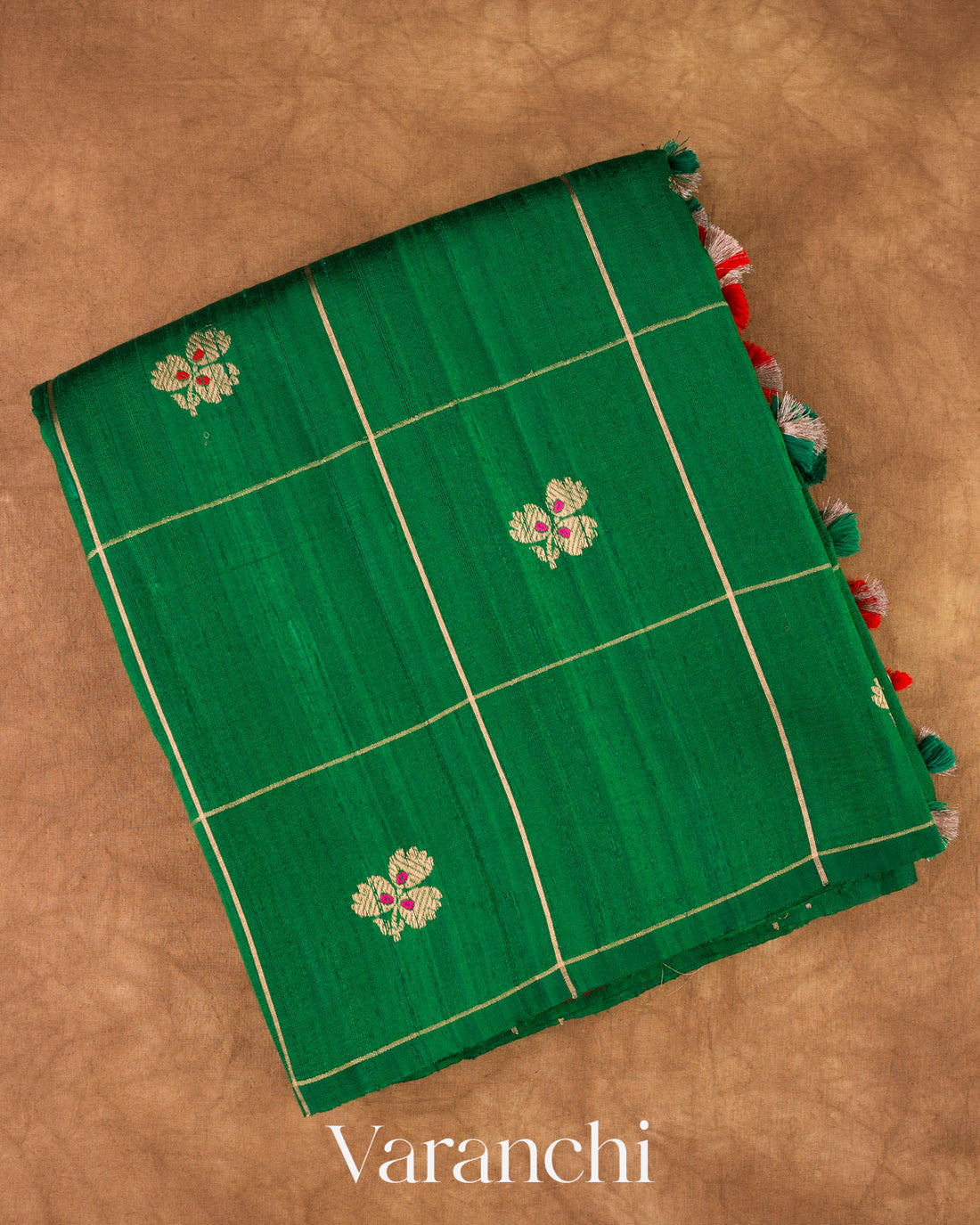 Emerald Green Checks Raw Silk Handloom Saree  