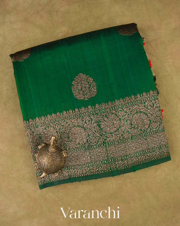 Dark Green with Red Pure Raw Silk Handloom Saree