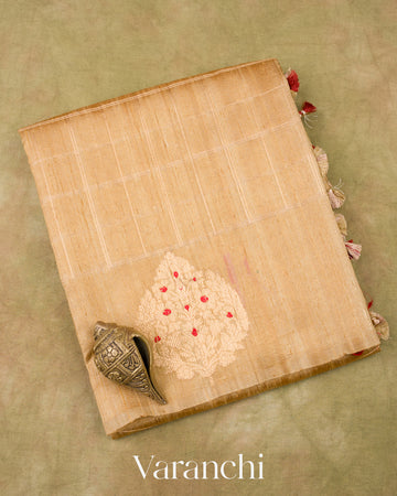 Champagne Gold Checks Pure Raw Silk Handloom Saree   