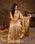 Champagne Gold Checks Pure Raw Silk Handloom Saree   