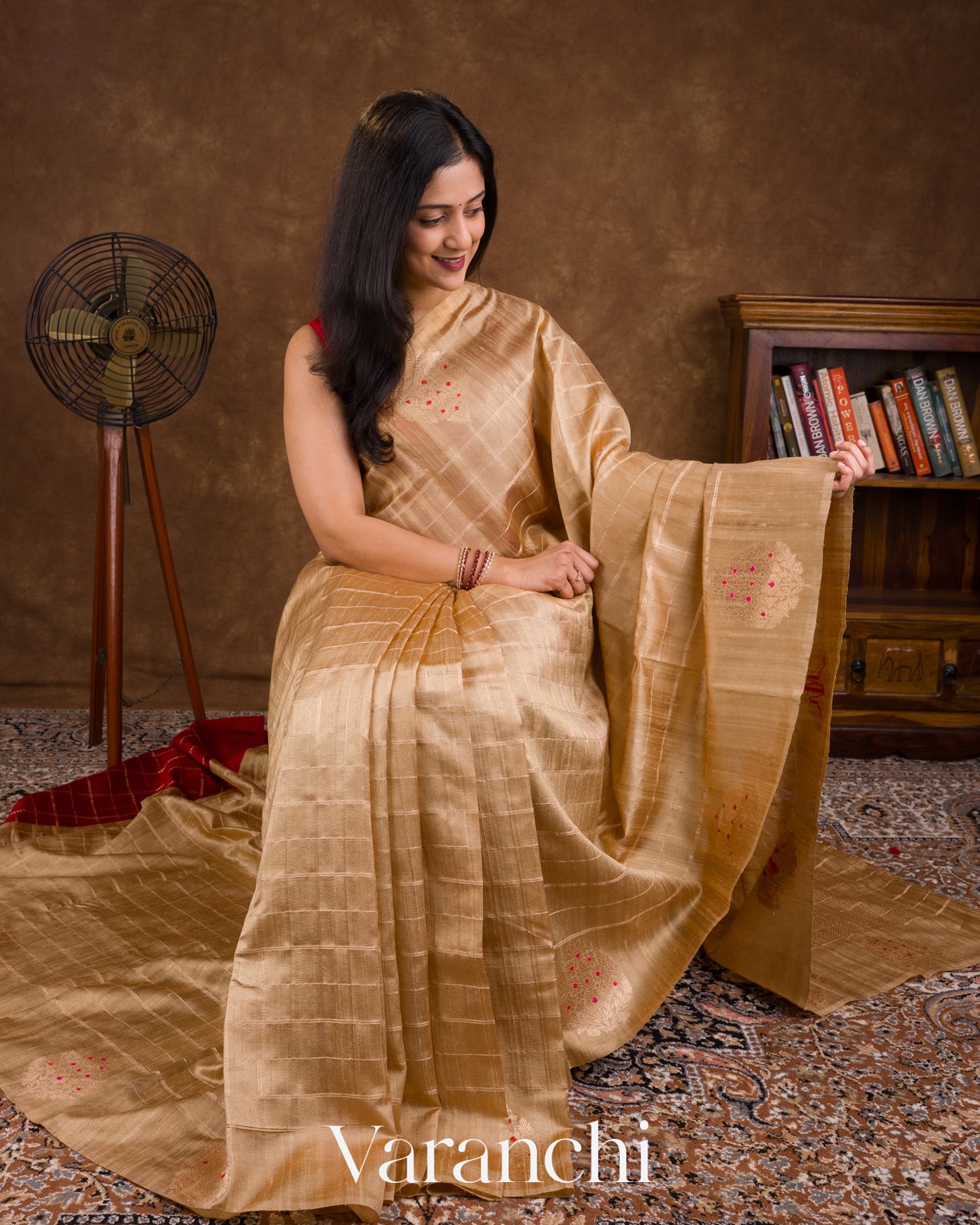 Champagne Gold Checks Pure Raw Silk Handloom Saree   