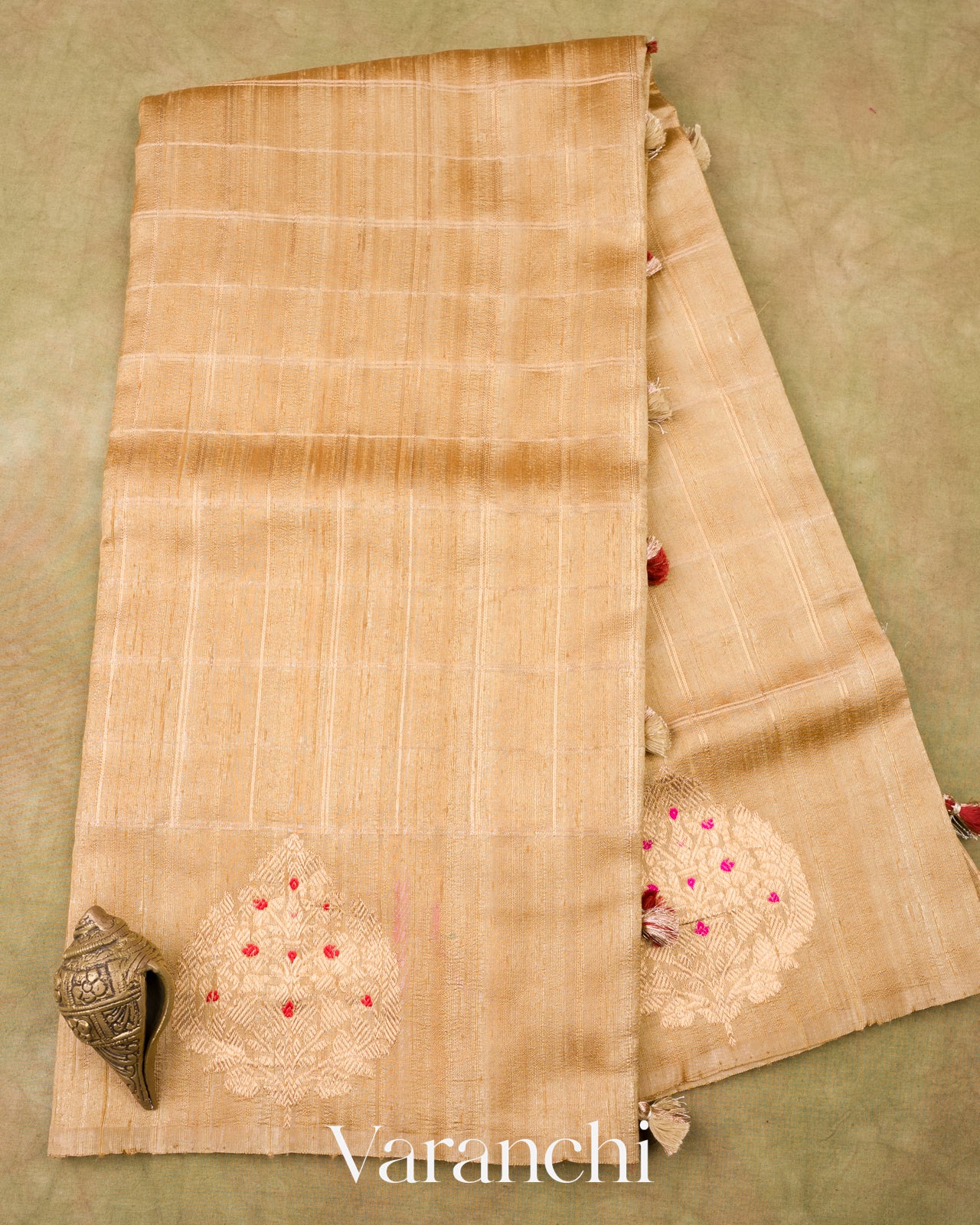 Champagne Gold Checks Pure Raw Silk Handloom Saree   