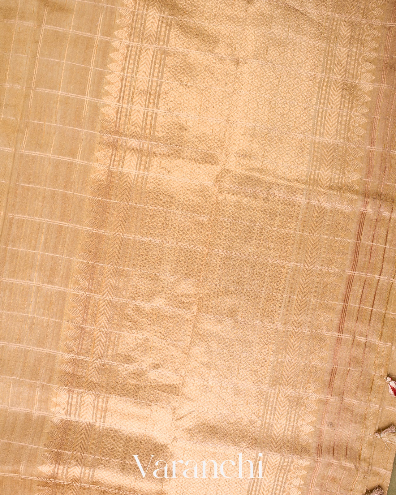 Champagne Gold Checks Pure Raw Silk Handloom Saree   