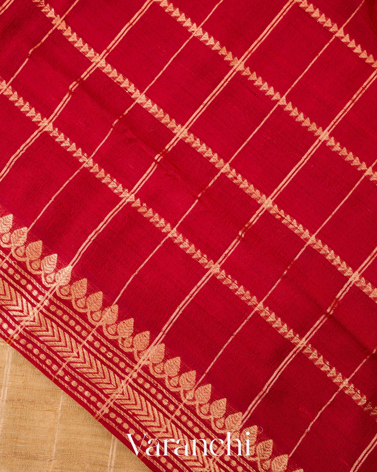 Champagne Gold Checks Pure Raw Silk Handloom Saree   