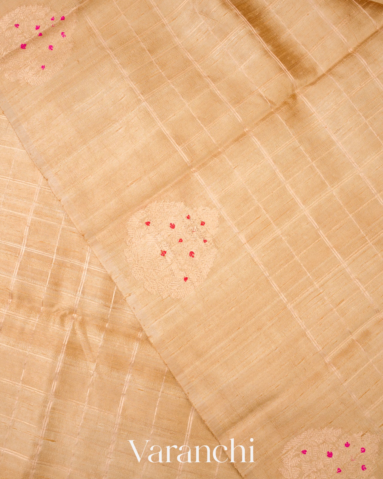 Champagne Gold Checks Pure Raw Silk Handloom Saree   
