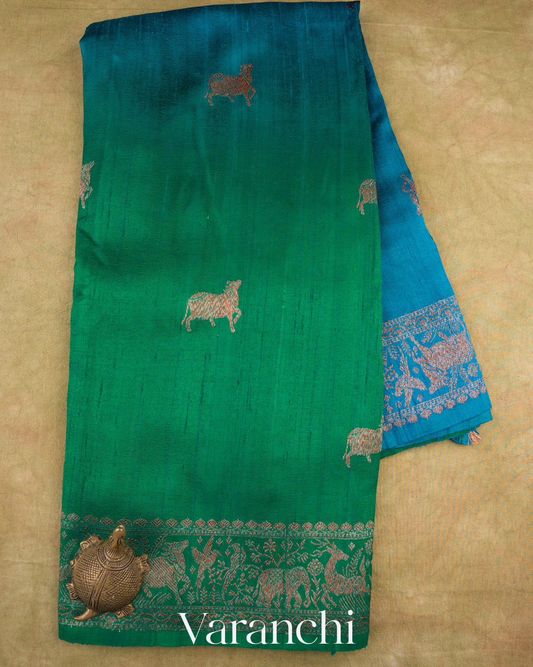 Teal Blue And Emerald Green Ombre-Dyed Pure Raw Silk Handloom Saree