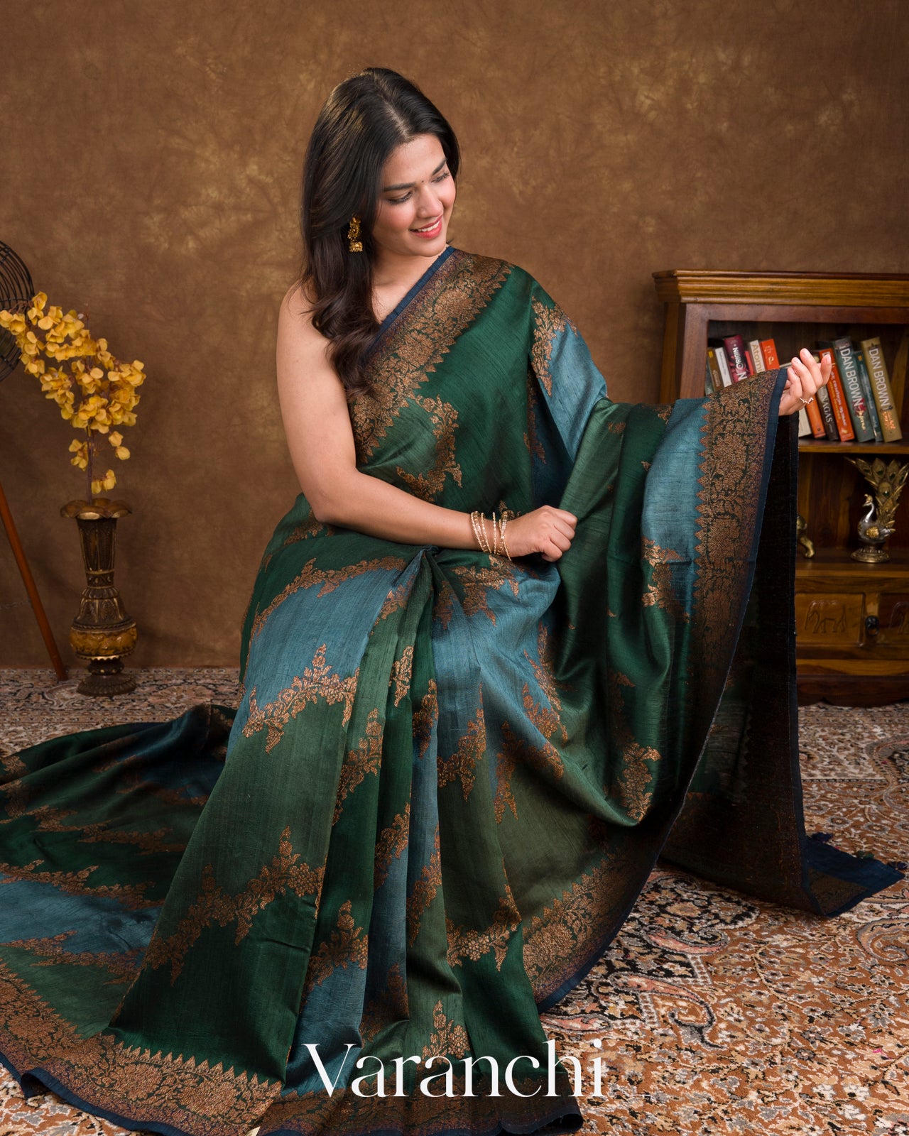 Green and Blue Tricolour Pure Raw Silk Handloom Saree
