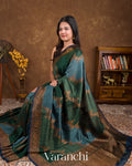 Green and Blue Tricolour Pure Raw Silk Handloom Saree