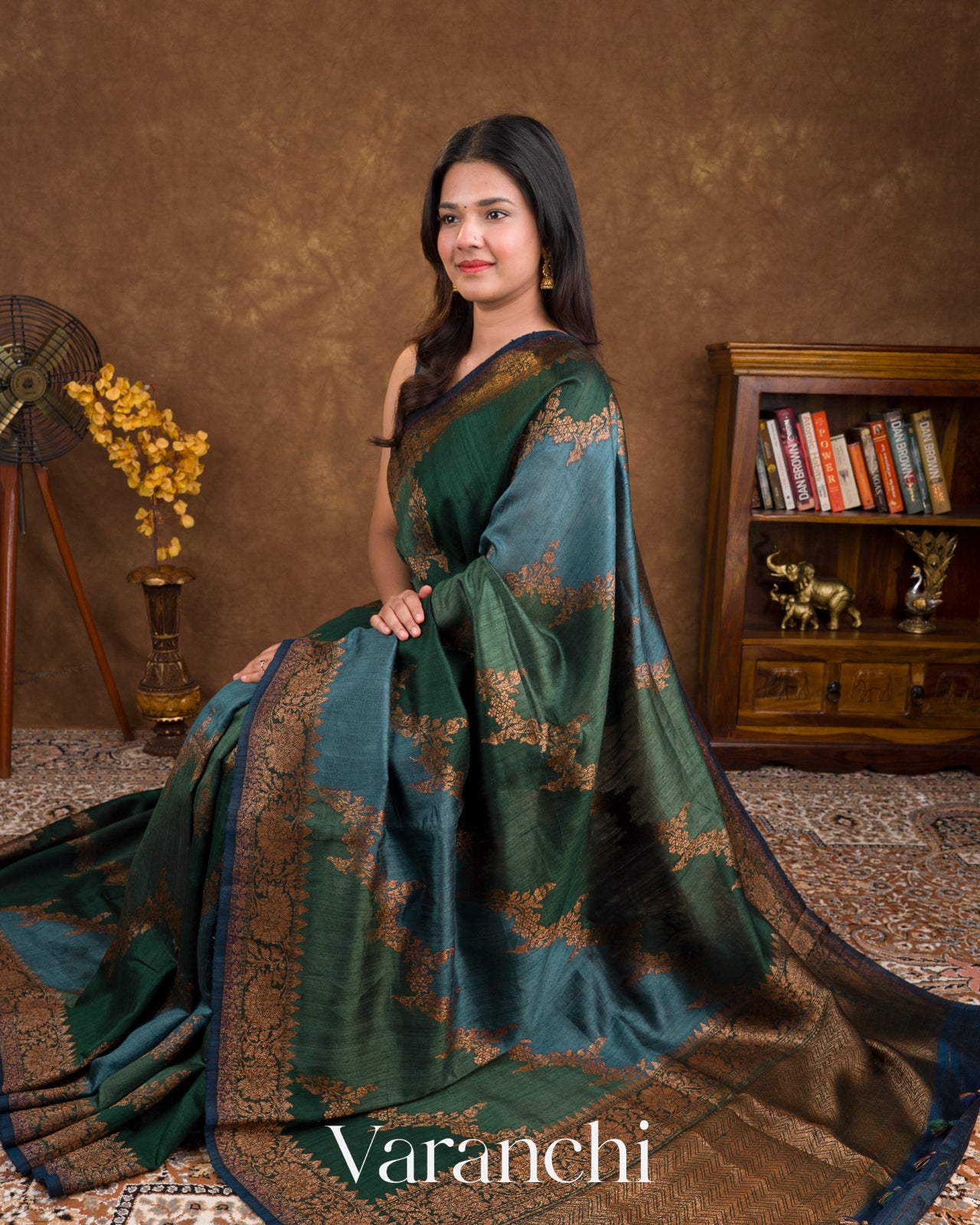 Green and Blue Tricolour Pure Raw Silk Handloom Saree