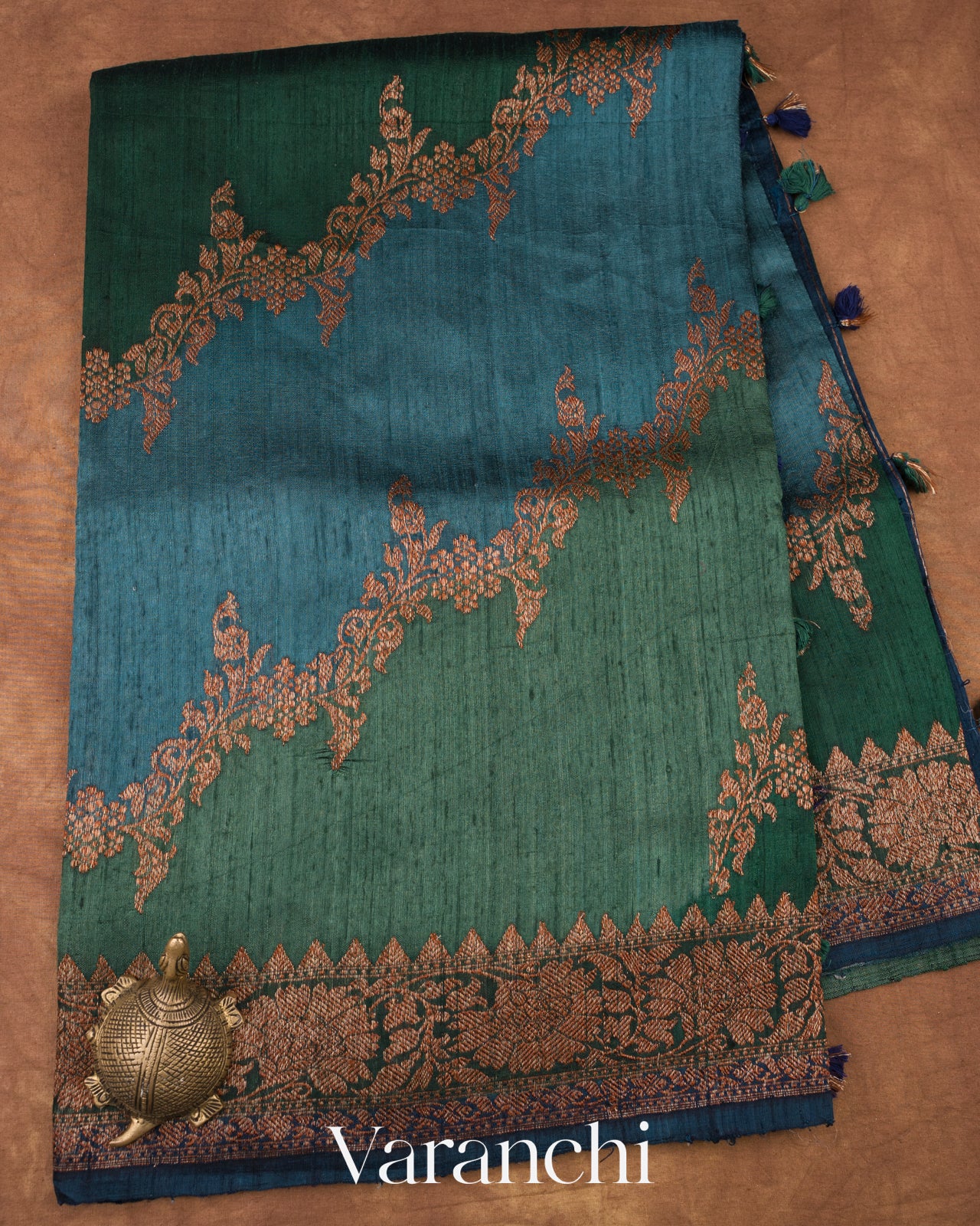 Green and Blue Tricolour Pure Raw Silk Handloom Saree