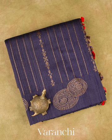 Navy Blue Striped Pure Raw Silk Handloom Saree