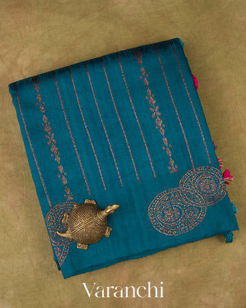 Peacock Blue Striped Pure Raw Silk Handloom Saree