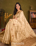 Warm Ivory Borderless Striped Pure Raw Silk Handloom Saree