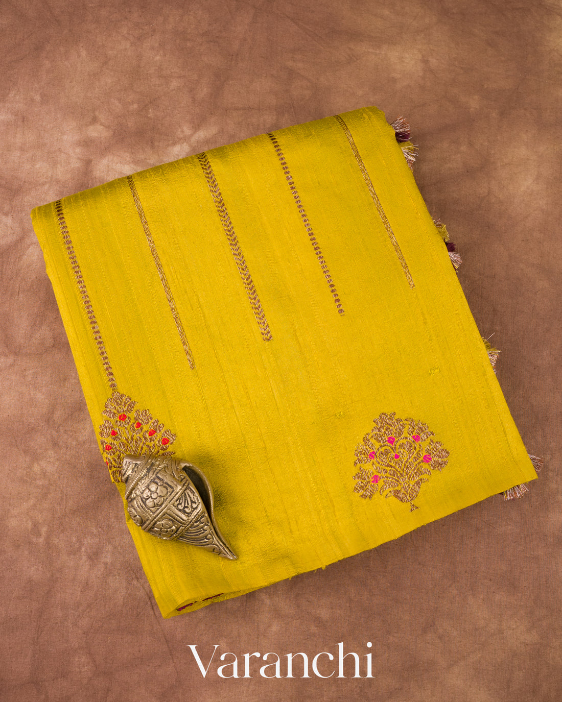Saffron Yellow Borderless Striped Pure Raw Silk Handloom Saree
