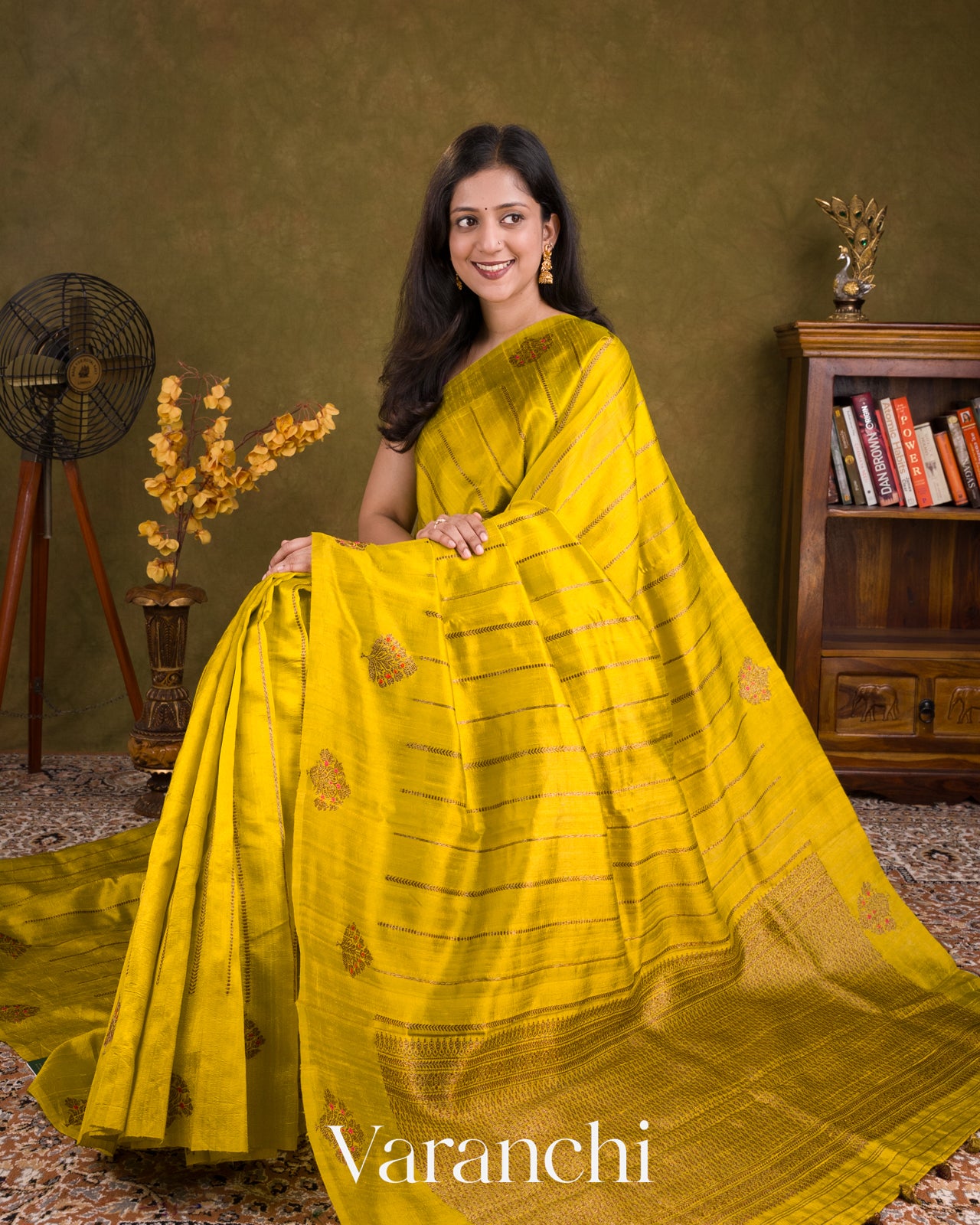 Saffron Yellow Borderless Striped Pure Raw Silk Handloom Saree