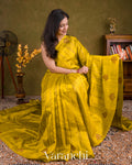 Saffron Yellow Borderless Striped Pure Raw Silk Handloom Saree