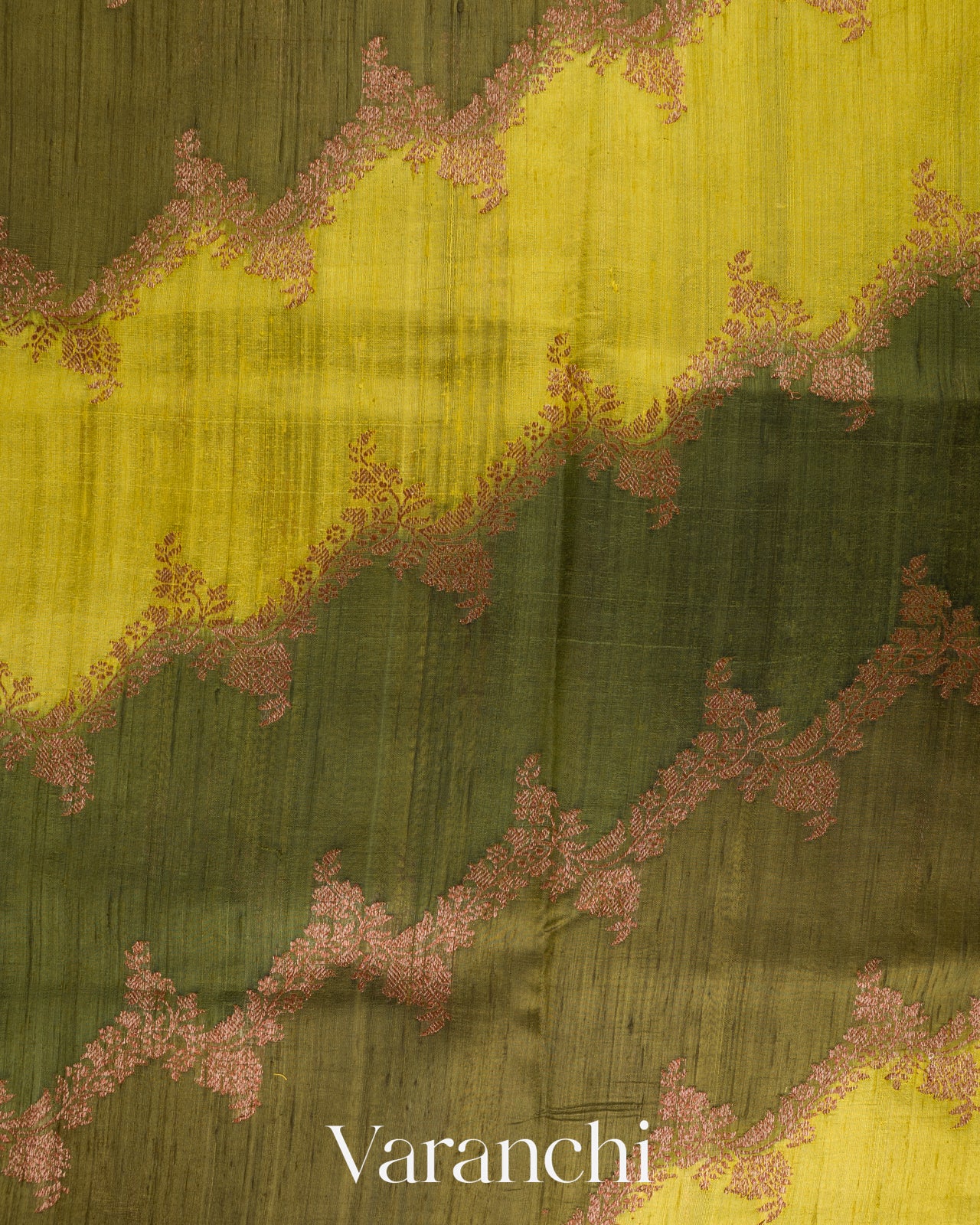 Green and Olive Yellow Tricolour Rangkaat Pure Raw Silk Handloom Saree draft m