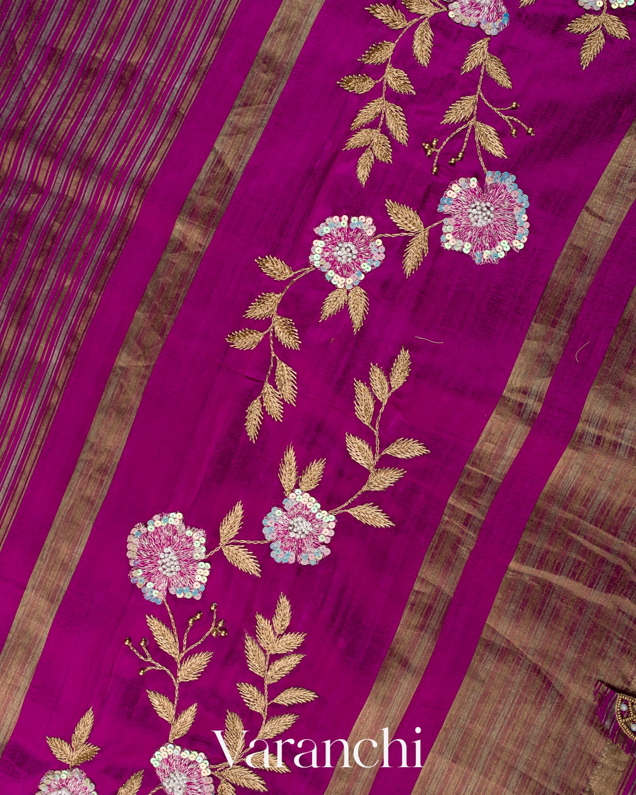Royal Magenta with Tissue Stripes Pure Raw Silk Handloom Saree