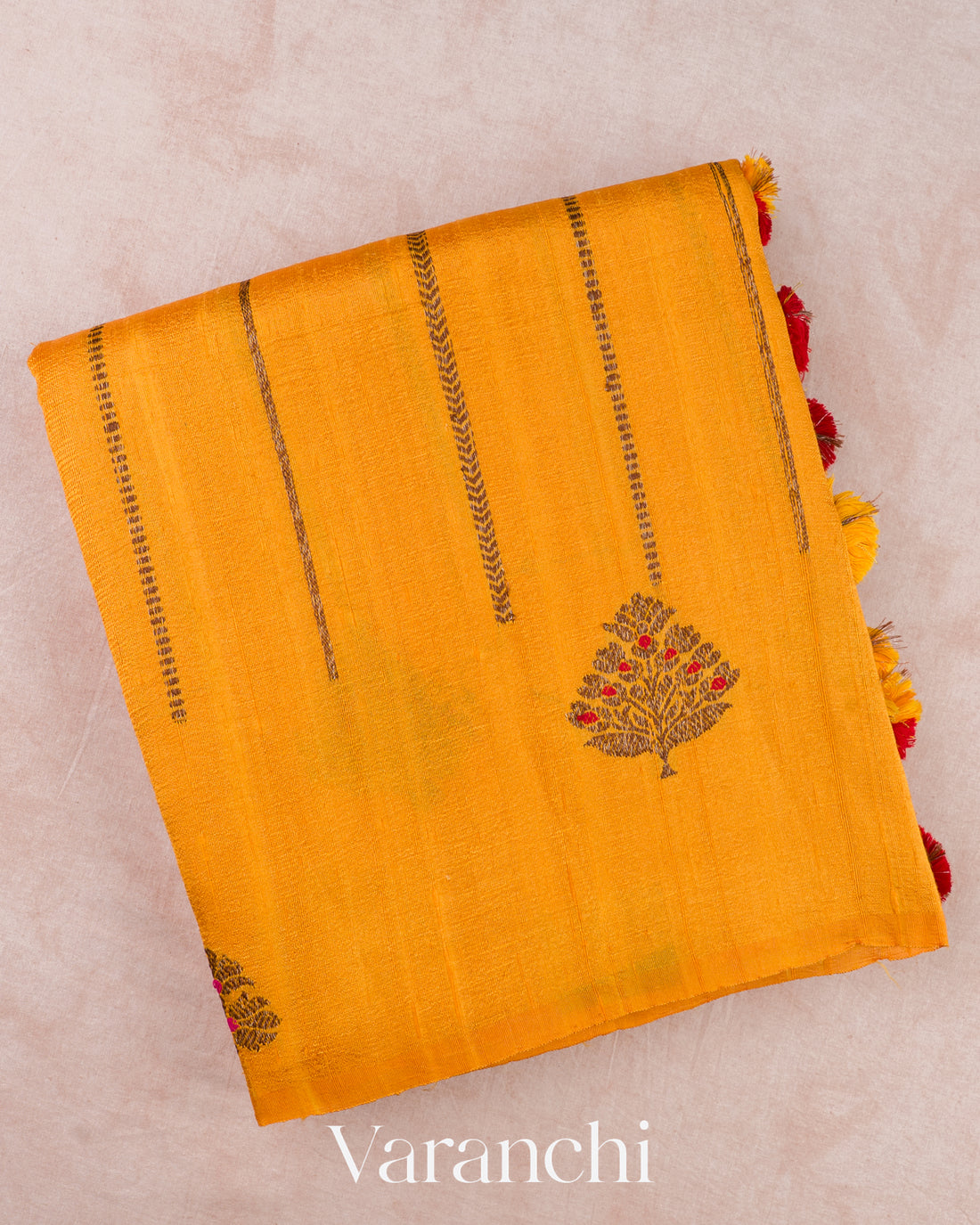 Mustard Yellow Striped Pure Raw Silk Handloom Saree