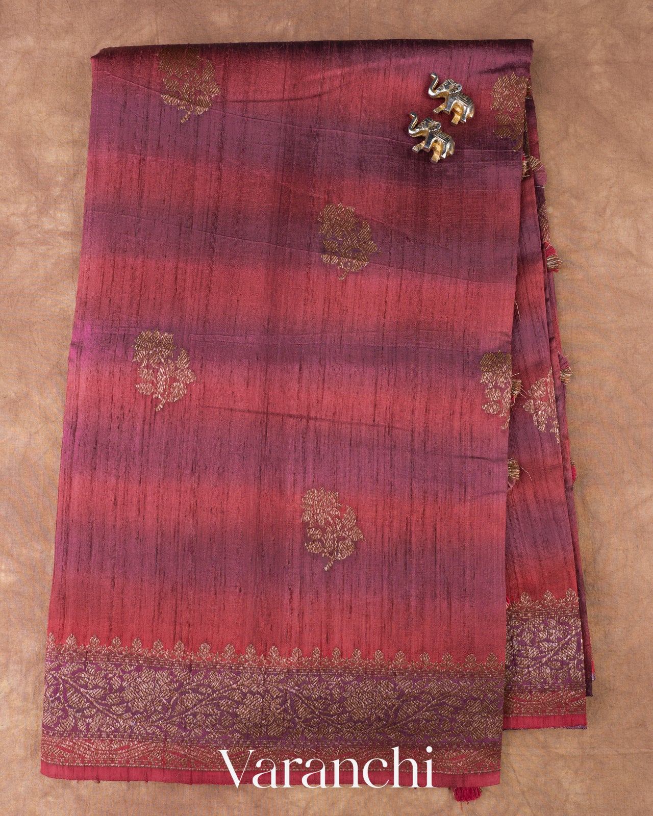 Maroon And Plum Purple Ombre-Dyed Raw Silk Handloom Saree  