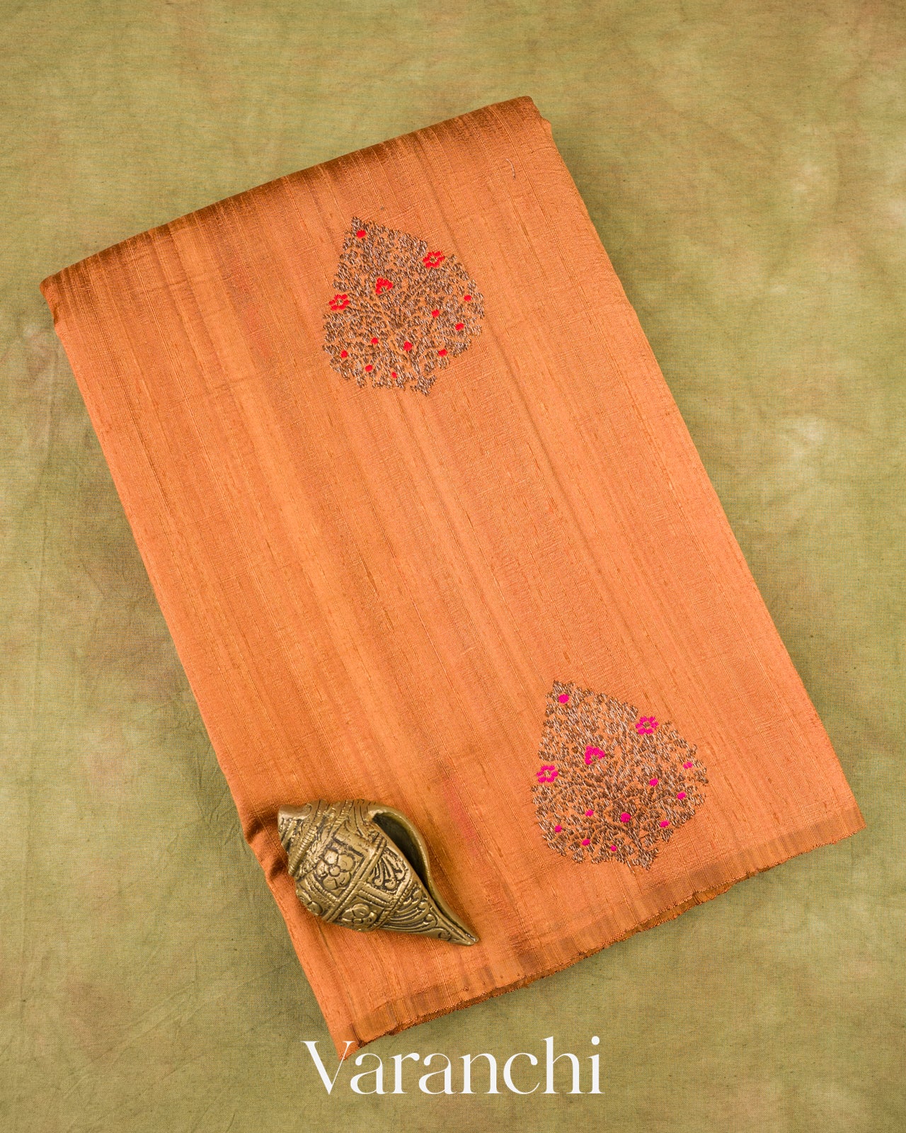 Burnt Orange Borderless Pure Raw Silk Handloom Saree