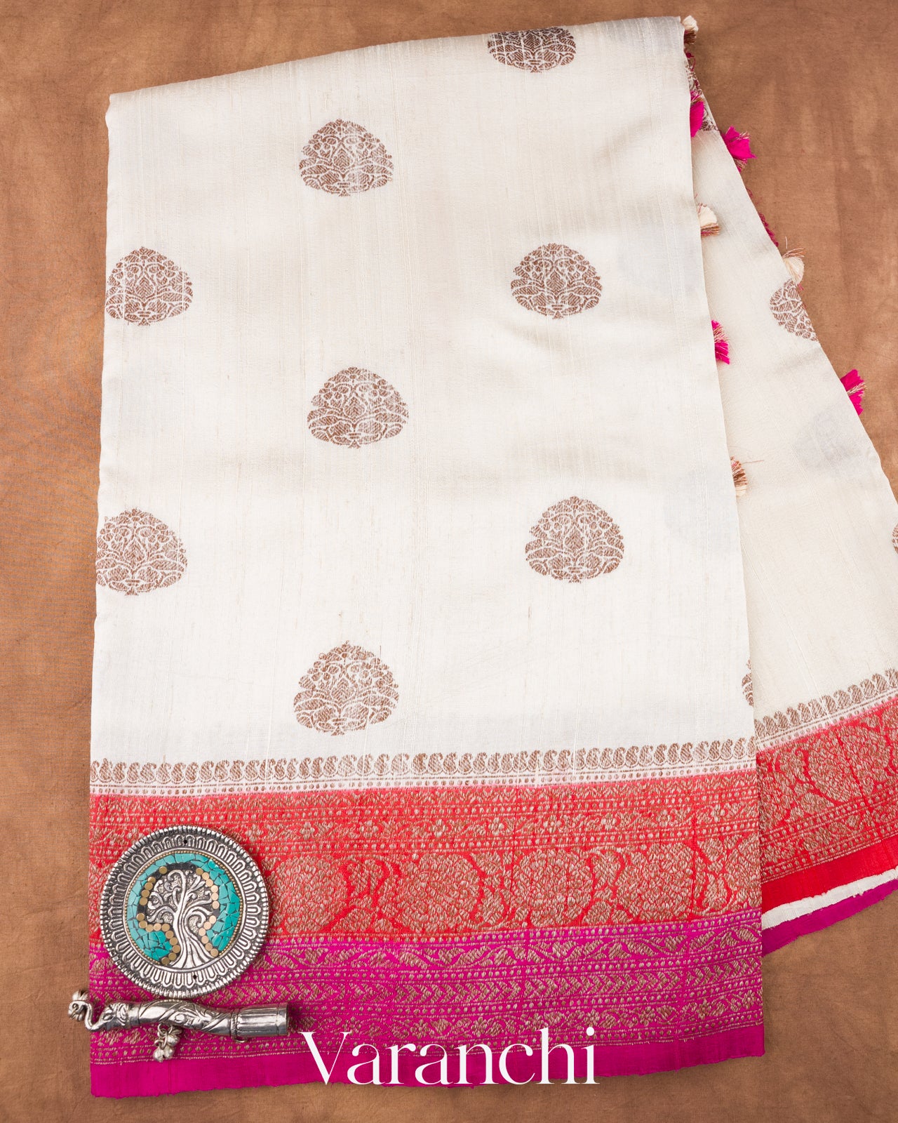 Ivory Cream Pure Raw Silk Handloom Saree 