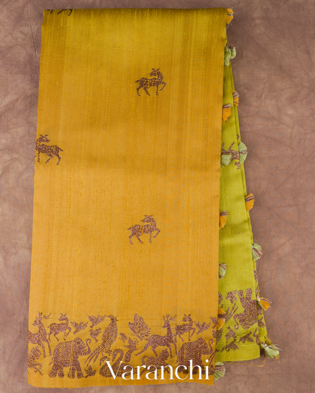 Lime Yellow And Mustard Yellow Ombre-Dyed Raw Silk Handloom Saree