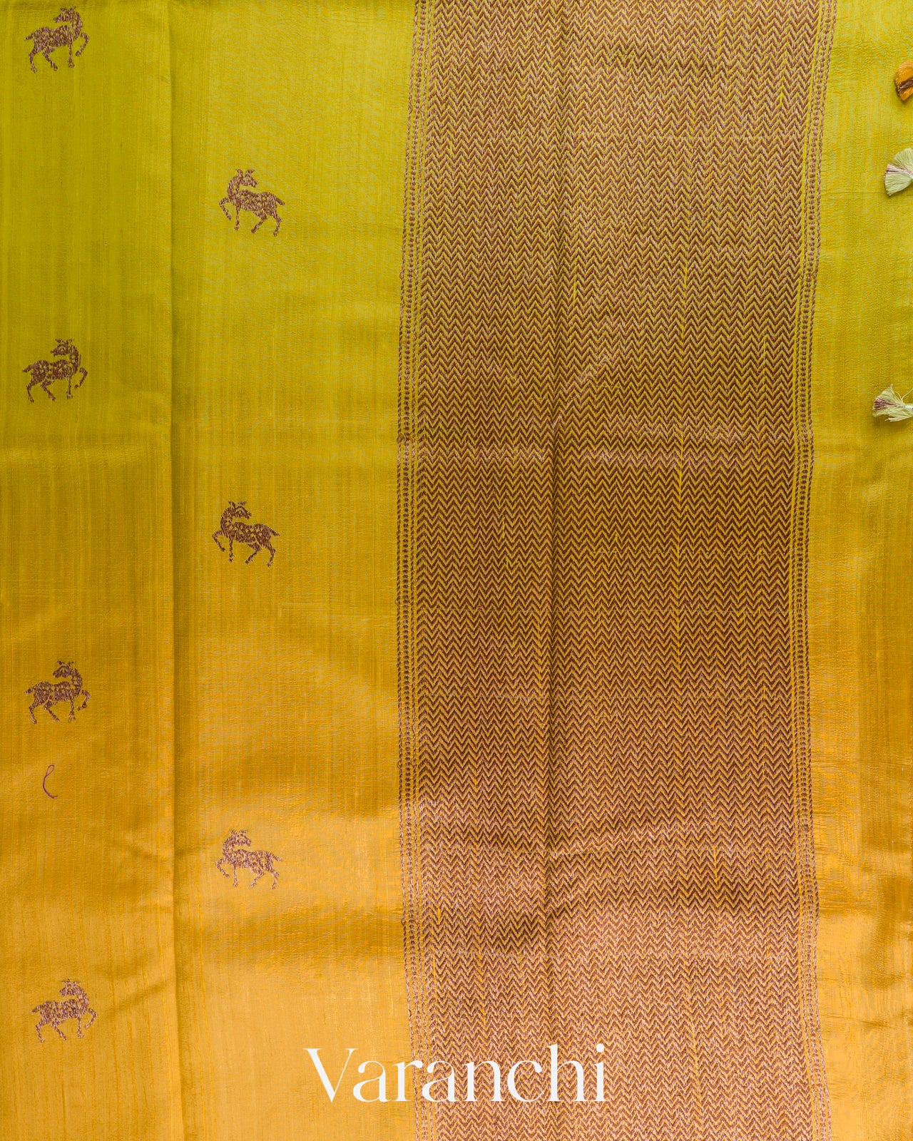 Lime Yellow And Mustard Yellow Ombre-Dyed Raw Silk Handloom Saree