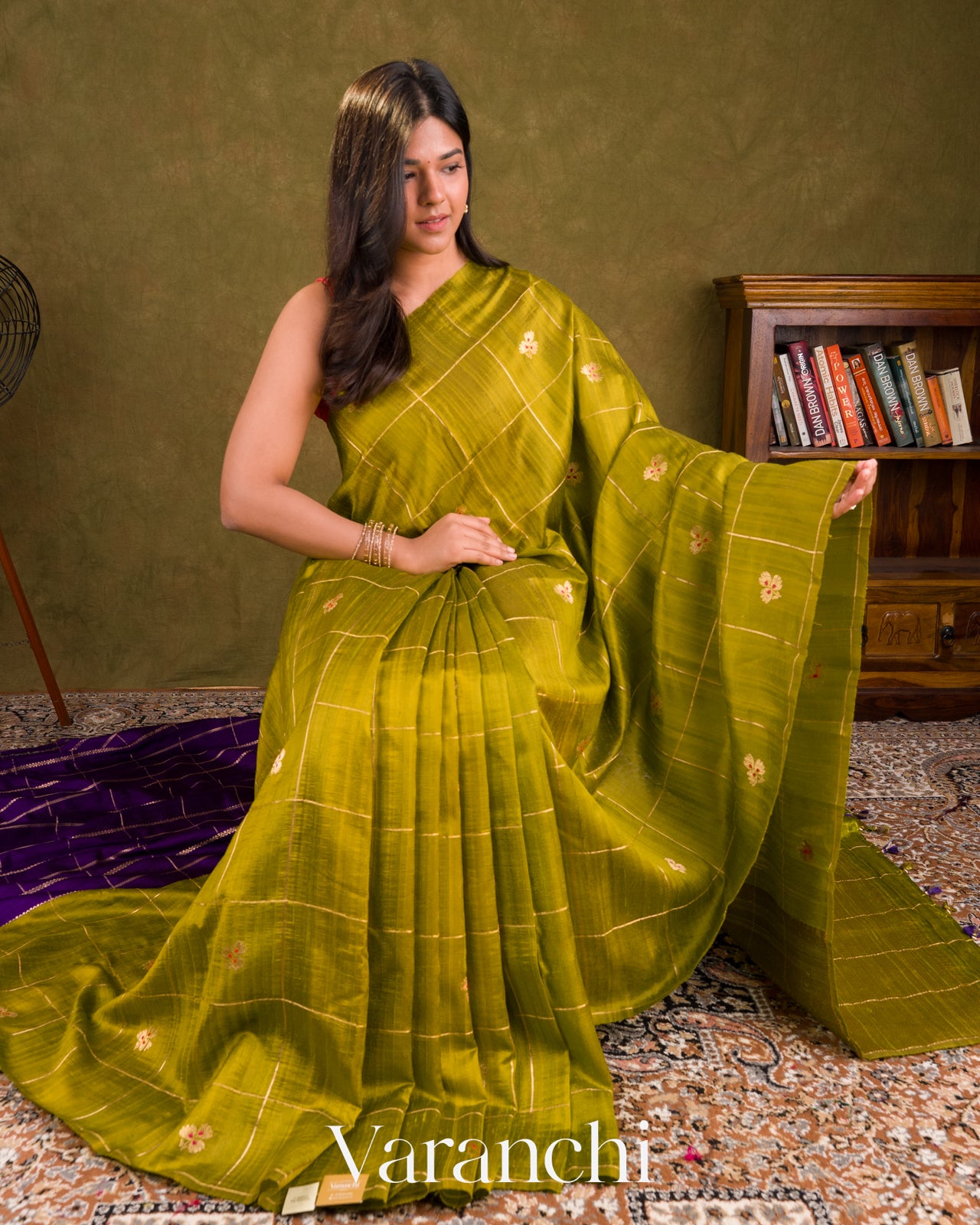 Lime Yellow Green Checks Raw Silk Handloom Saree  