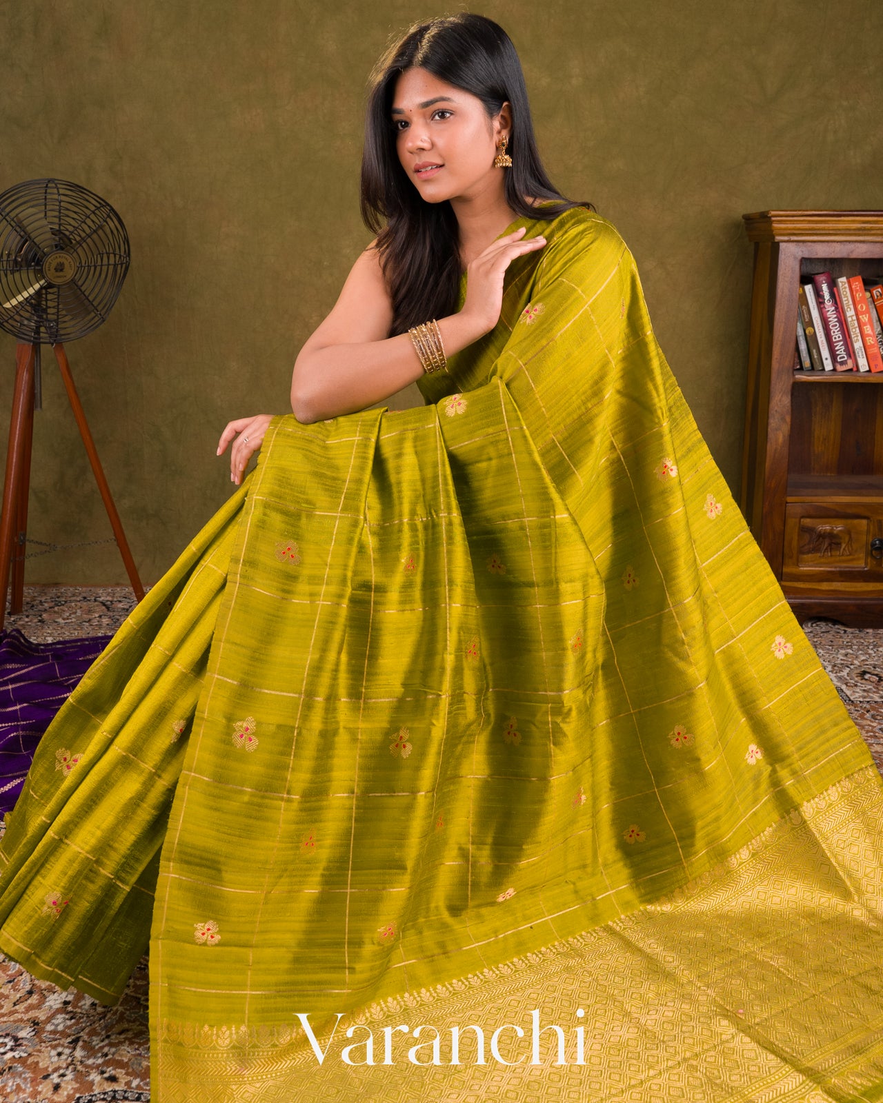 Lime Yellow Green Checks Raw Silk Handloom Saree  