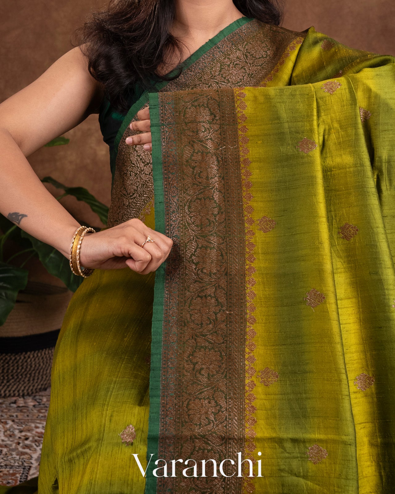Olive Green Shibori Pure Raw Silk Handloom Saree