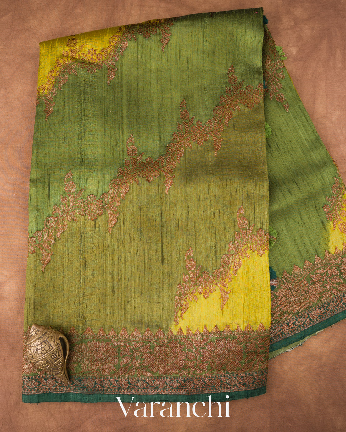 Moss Olive Green Tricolour Rangkaat Pure Raw Silk Handloom Saree
