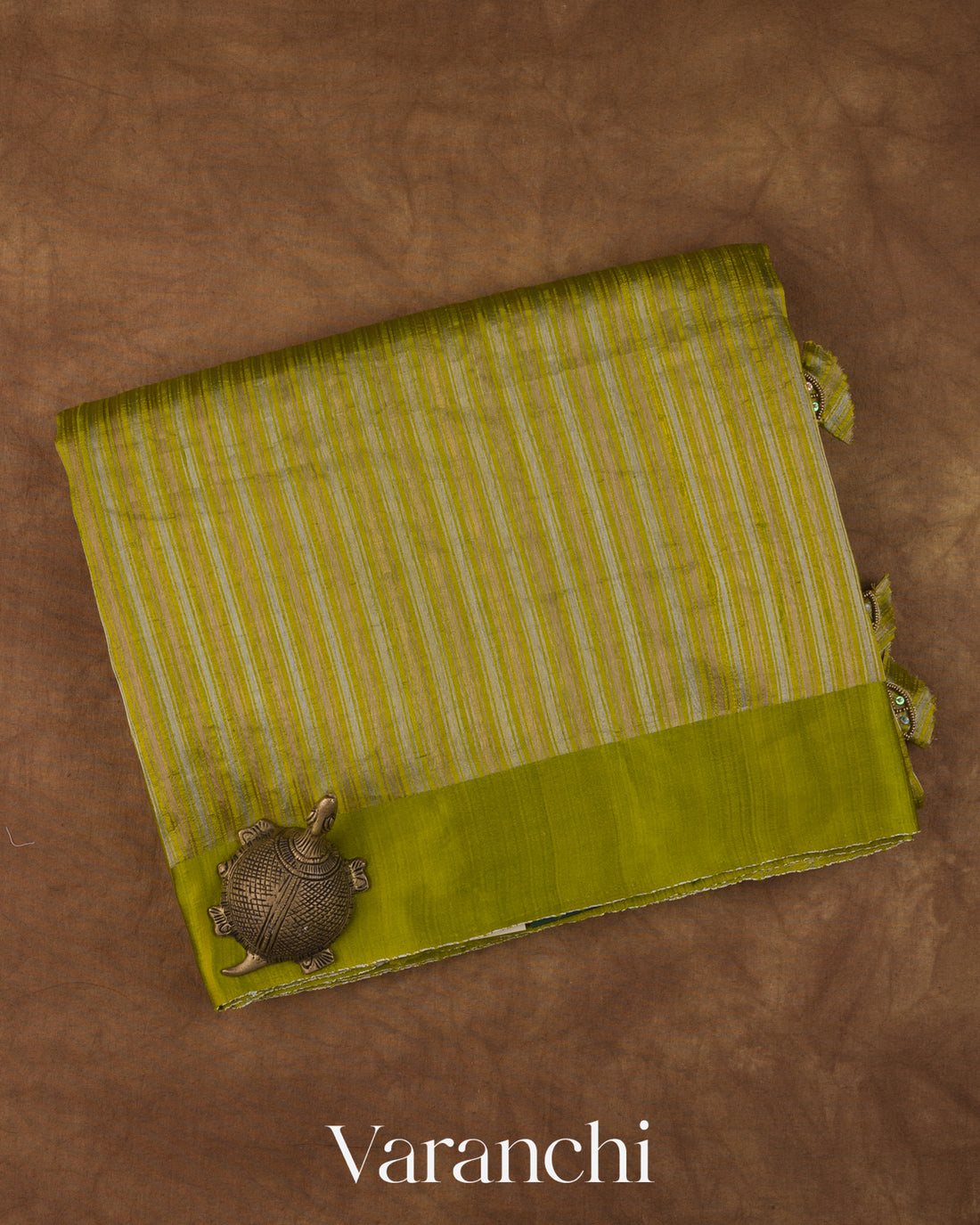 Olive Green with Tissue Stripes Pure Raw Silk Handloom Saree