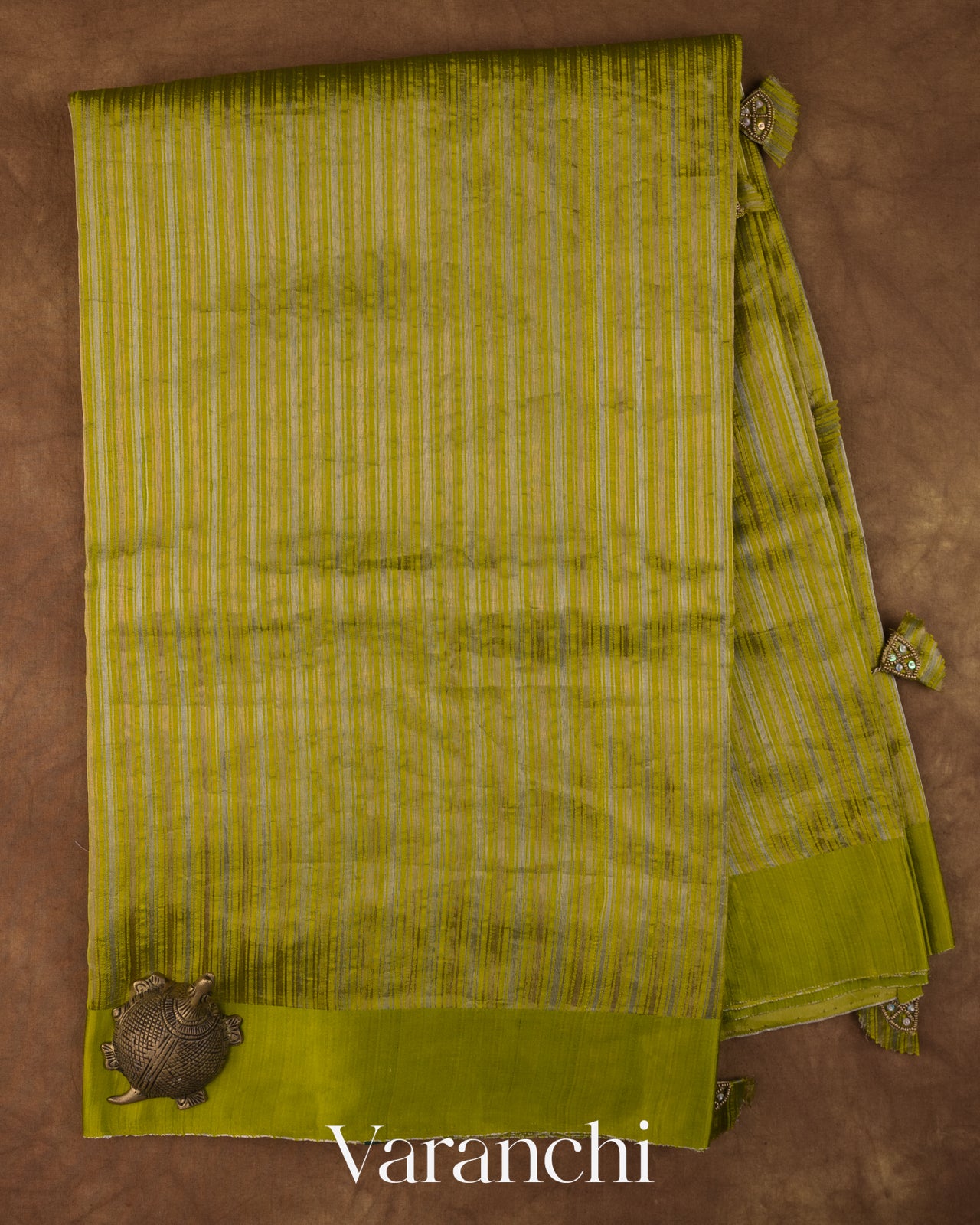 Olive Green with Tissue Stripes Pure Raw Silk Handloom Saree