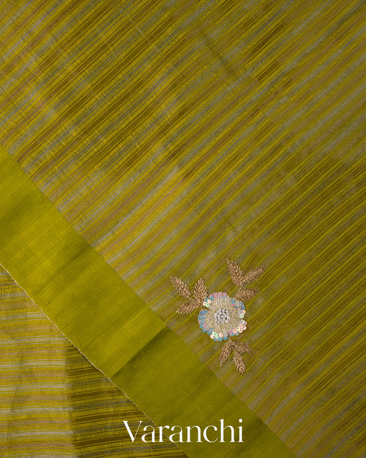 Olive Green with Tissue Stripes Pure Raw Silk Handloom Saree
