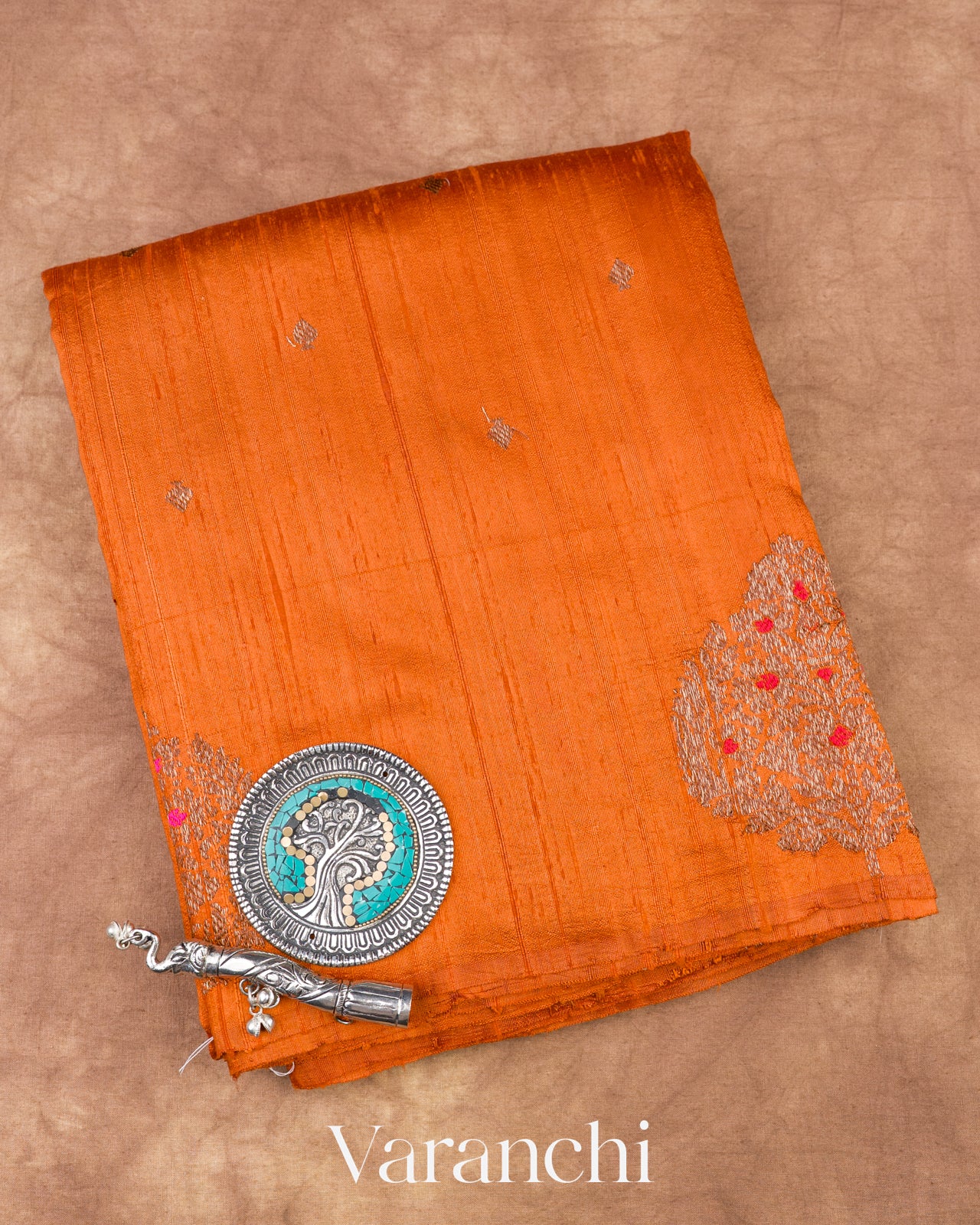 Rust Orange Borderless Pure Raw Silk Handloom Saree