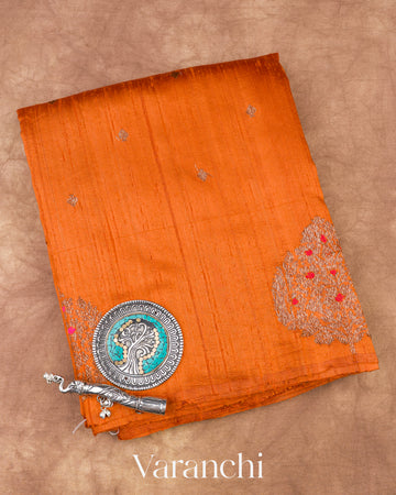 Rust Orange Borderless Pure Raw Silk Handloom Saree