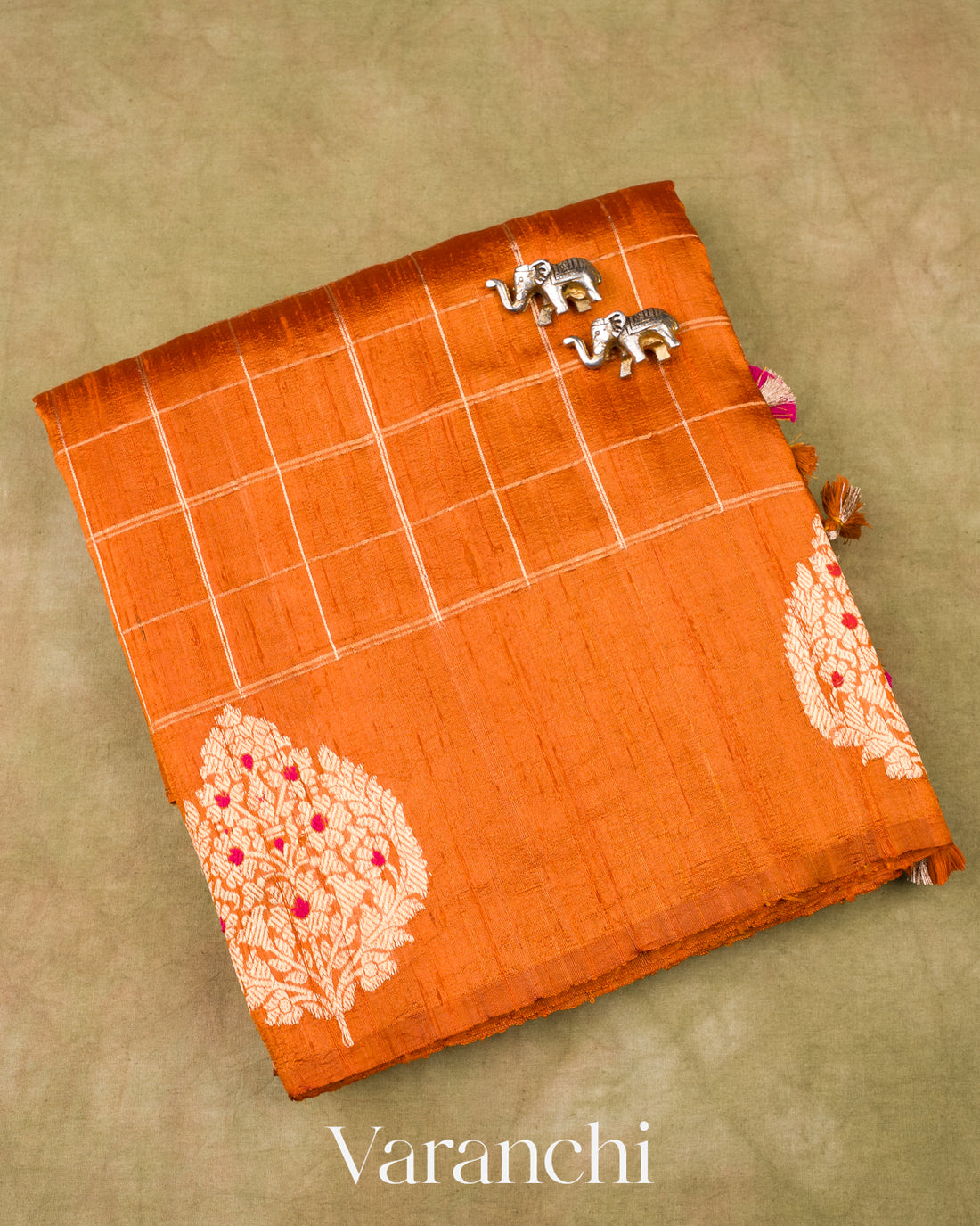 Burnt Orange Checks Pure Raw Silk Handloom Saree