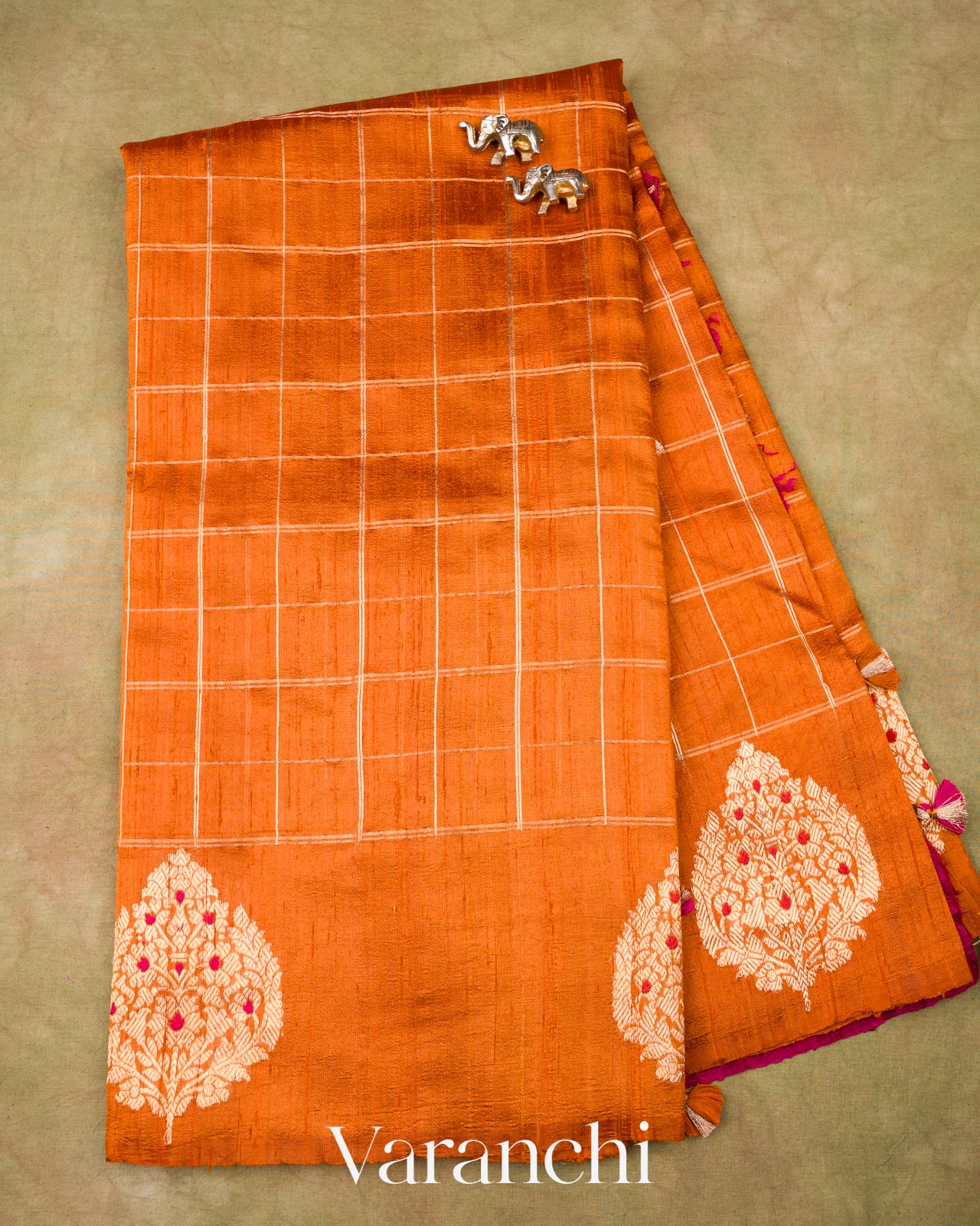 Burnt Orange Checks Pure Raw Silk Handloom Saree