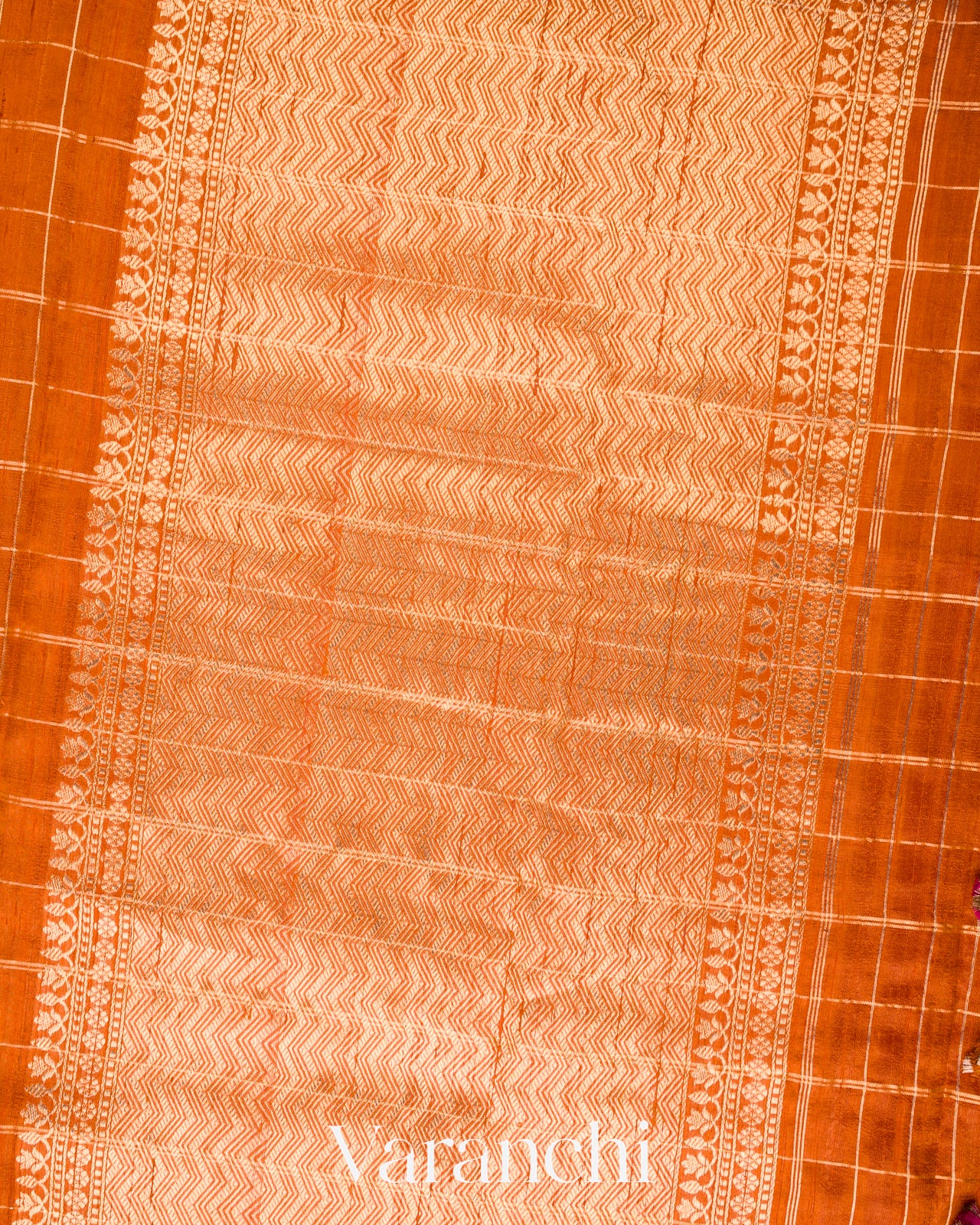 Burnt Orange Checks Pure Raw Silk Handloom Saree